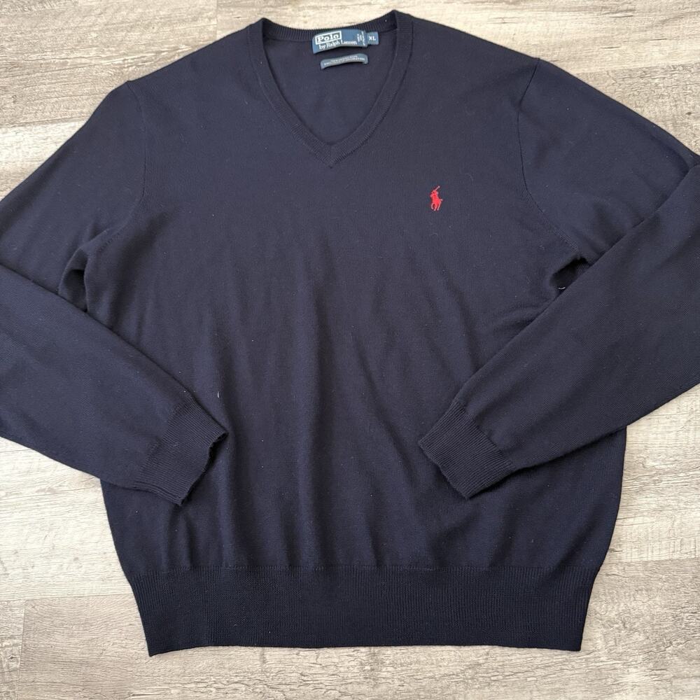 POLO Ralph Lauren Sweater Mens XL Blue 100% Merino Wool V-Neck Pullover Italian